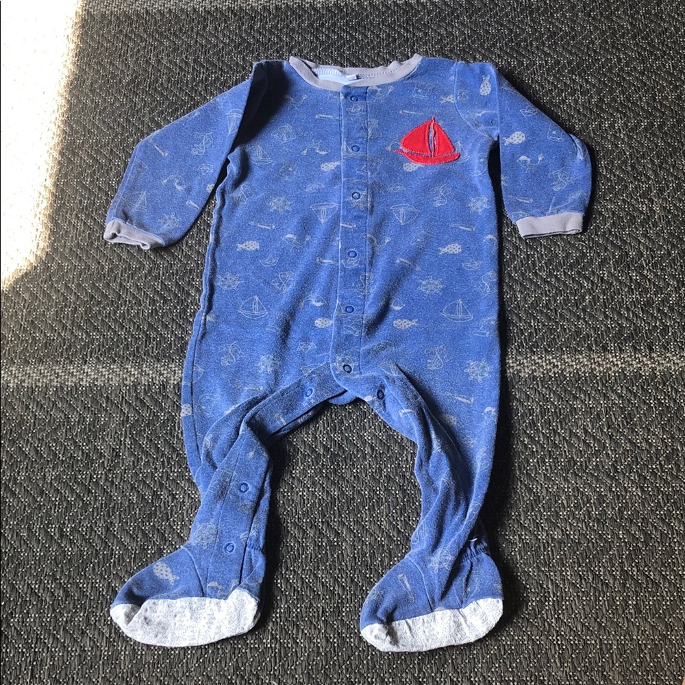 Blue Footed One-Piece Pajama with Red Sailboat Accent